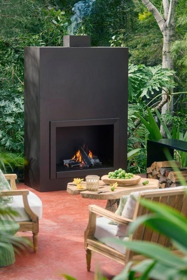 Weathering Steel Paned Outdoor Fireplace in Black, Size: Large at Terrain